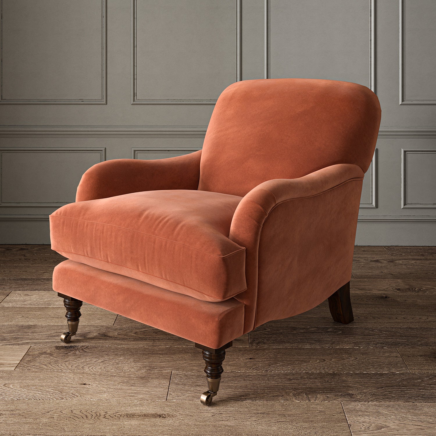 Orange eco velvet upholstery fabric on an armchair