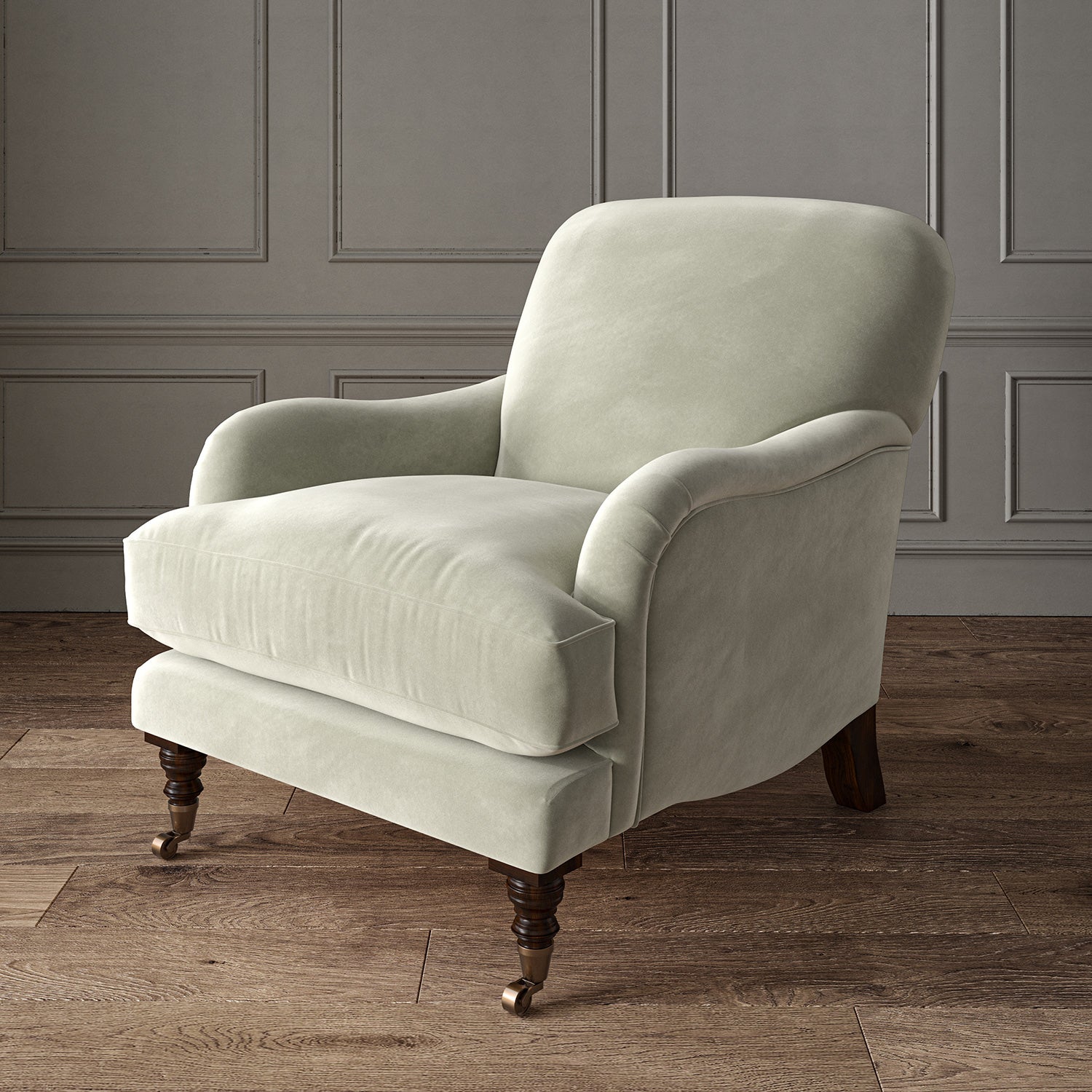 Cream eco velvet upholstery fabric on an armchair