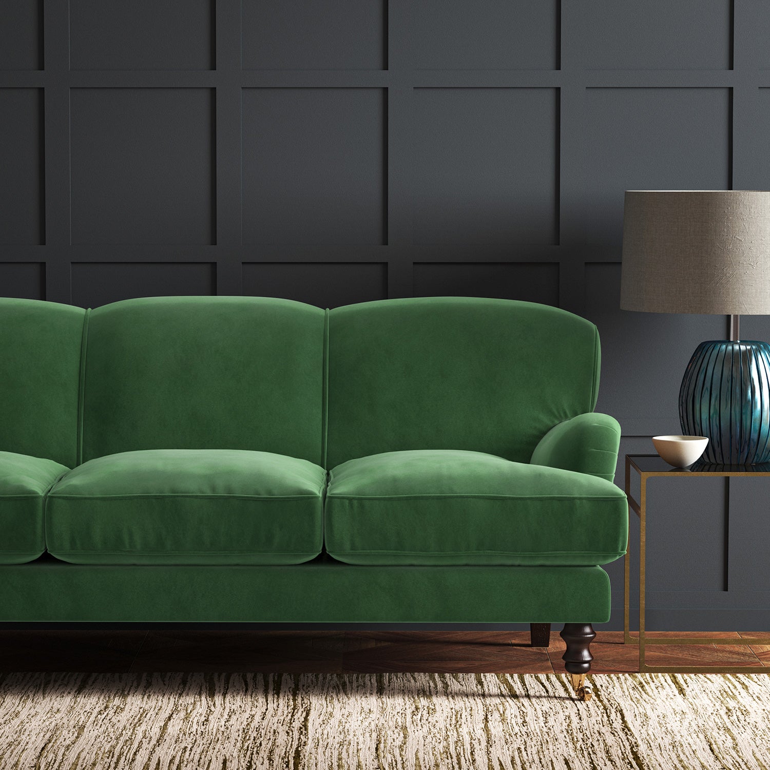 Green eco velvet upholstery fabric on a sofa