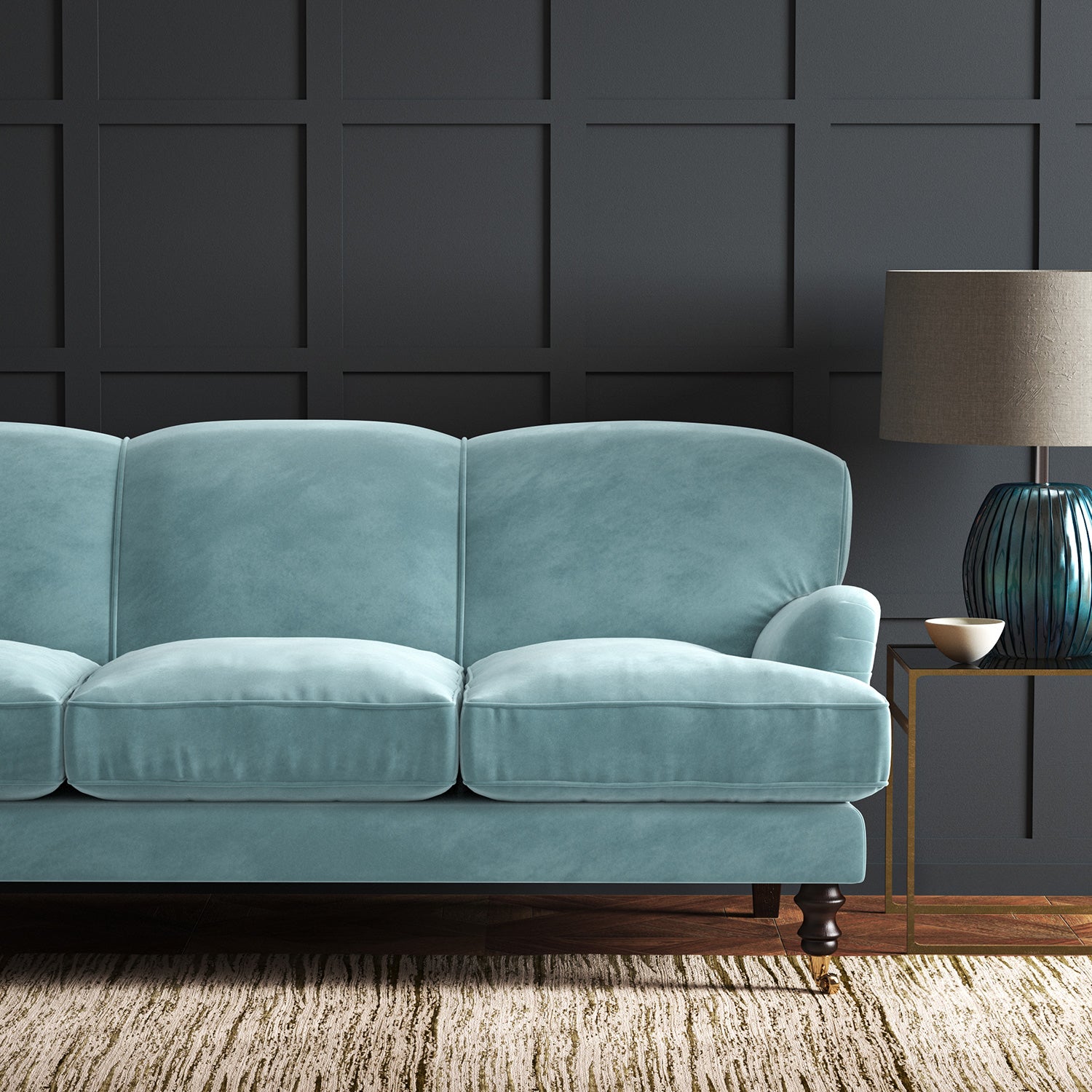 Blue eco velvet upholstery fabric on a sofa