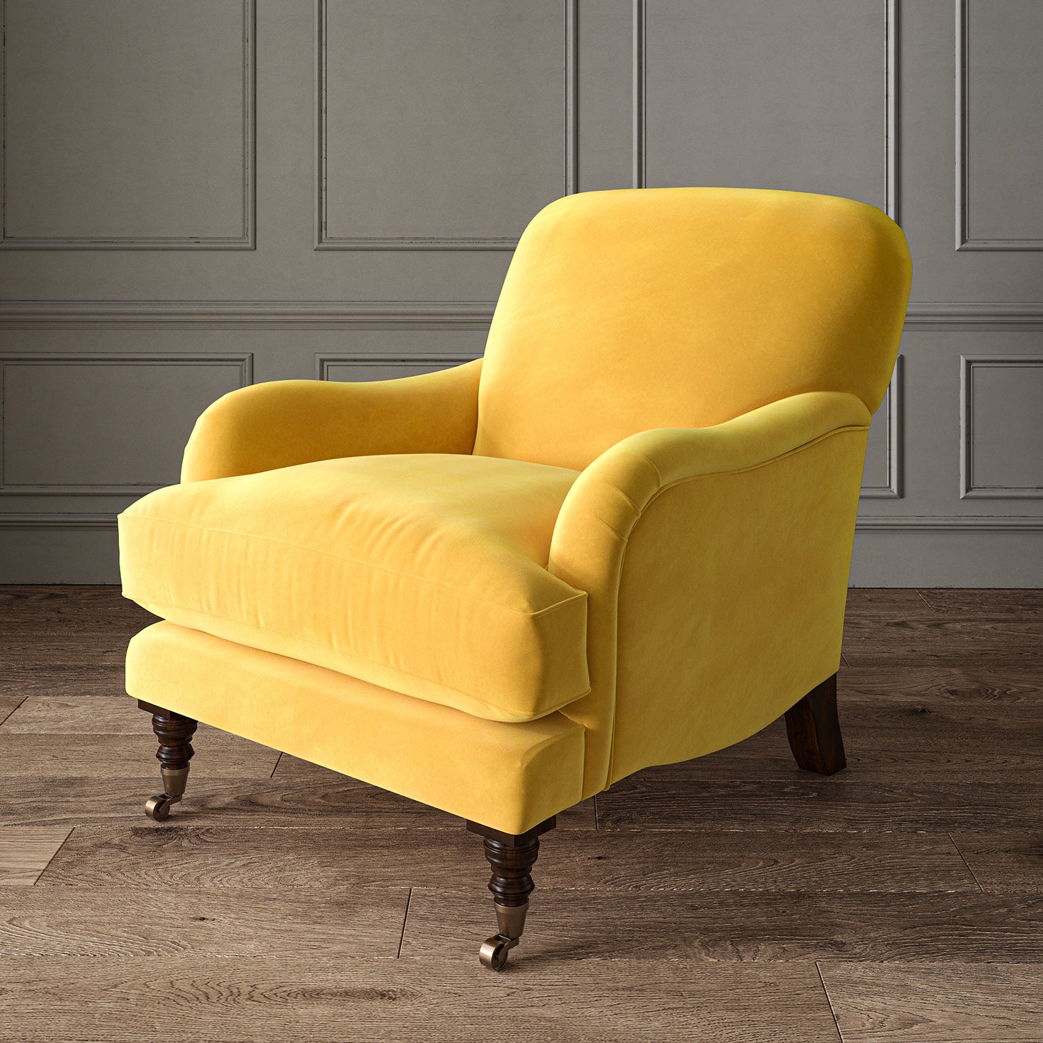 Yellow eco velvet upholstery fabric on an armchair