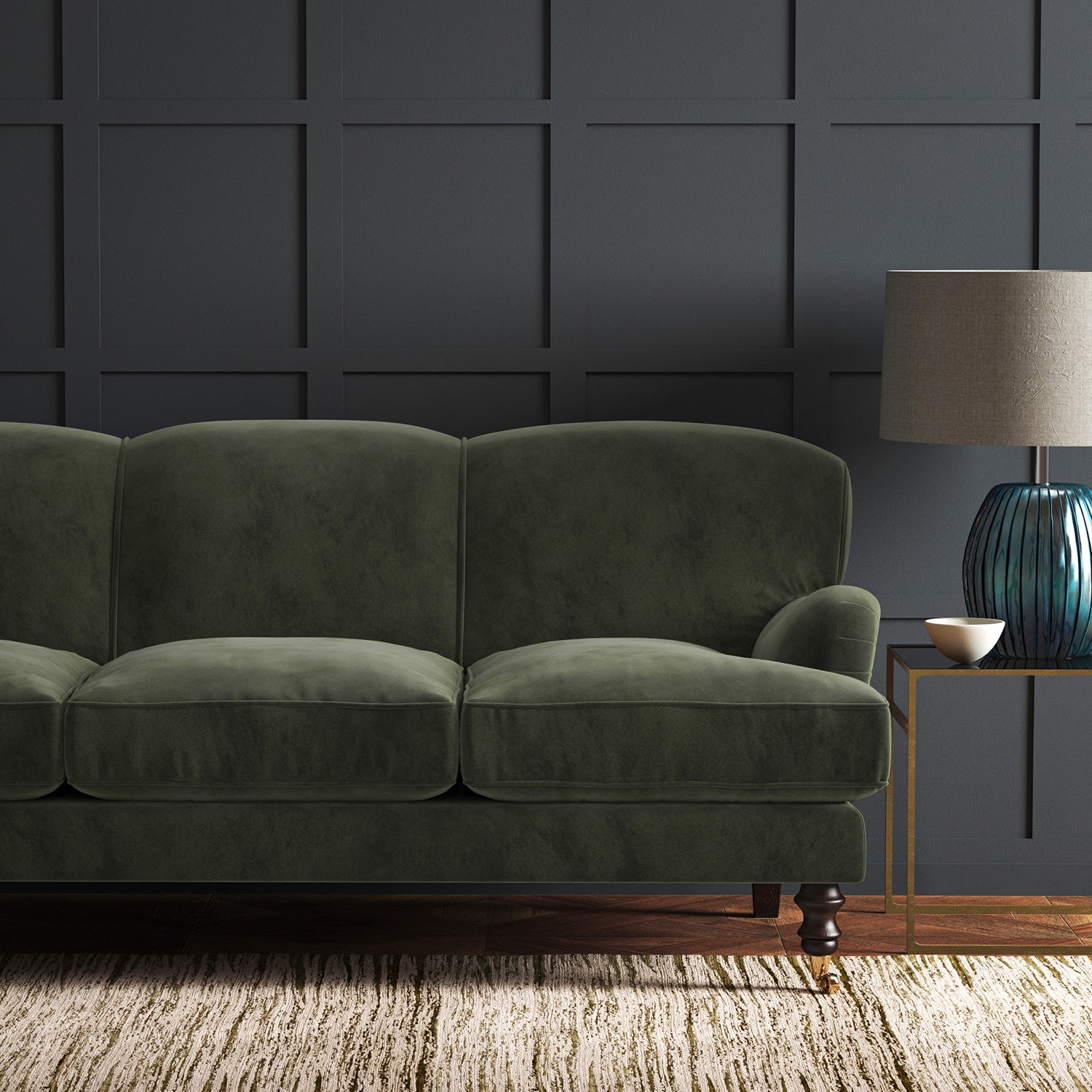 Green eco velvet upholstery fabric on a sofa