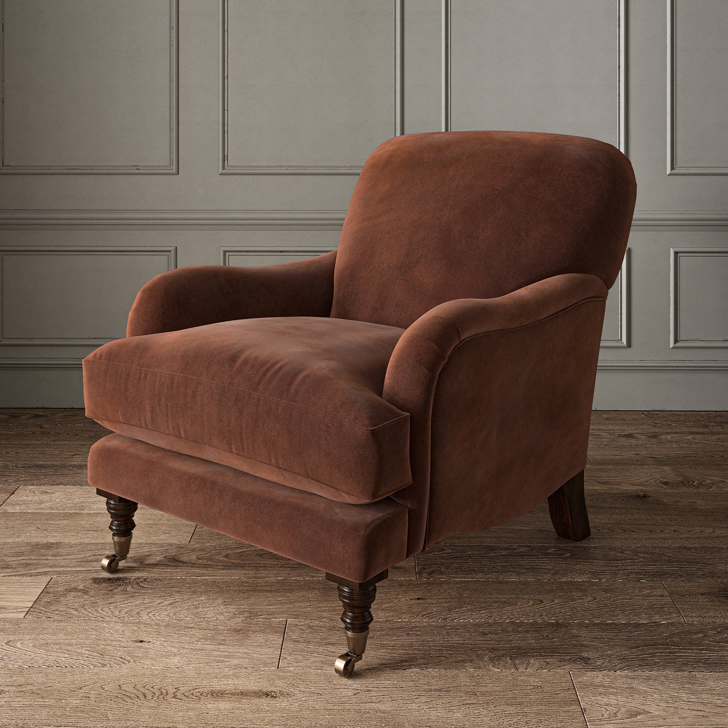 Brown eco velvet upholstery fabric on an armchair