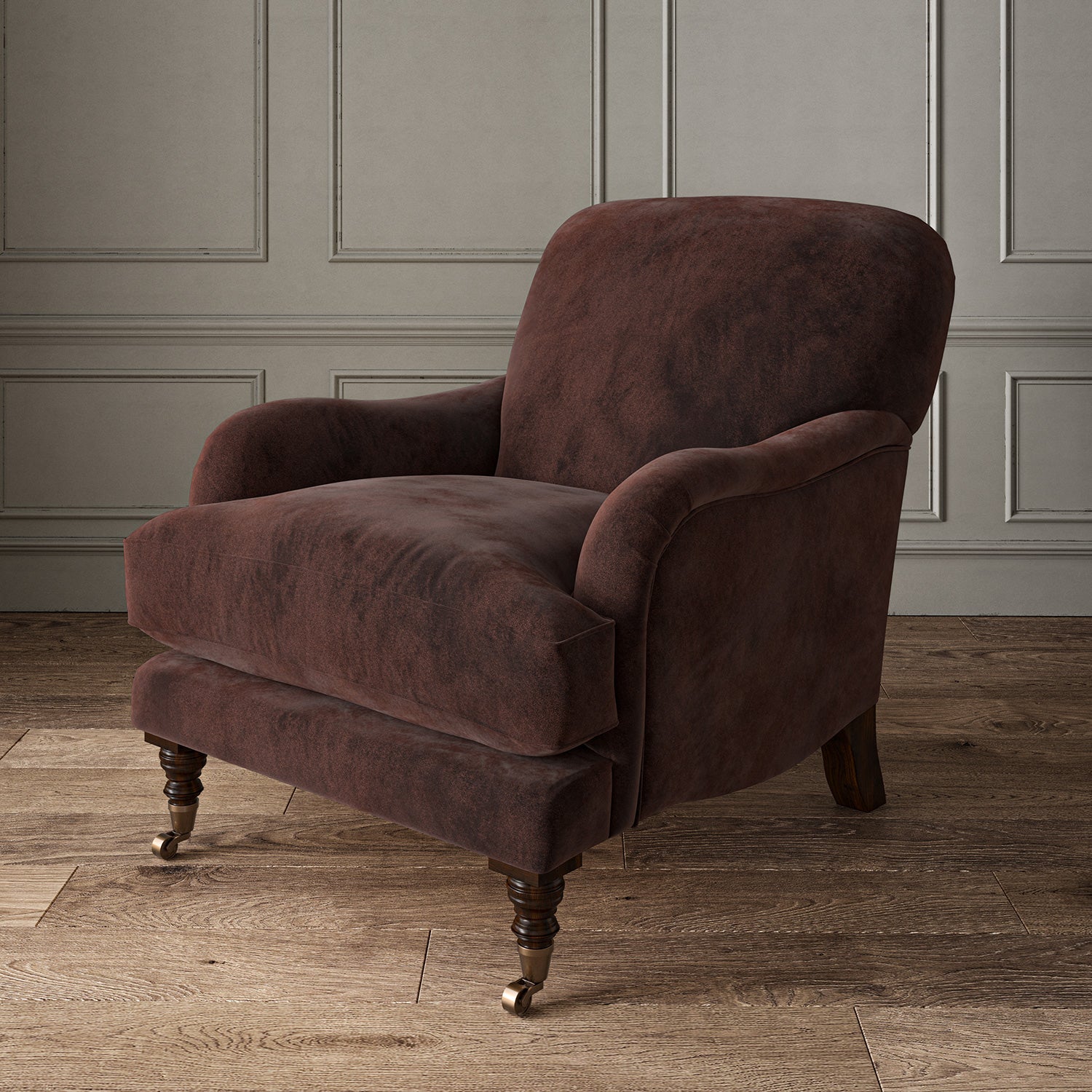 Brown eco velvet upholstery fabric on an armchair