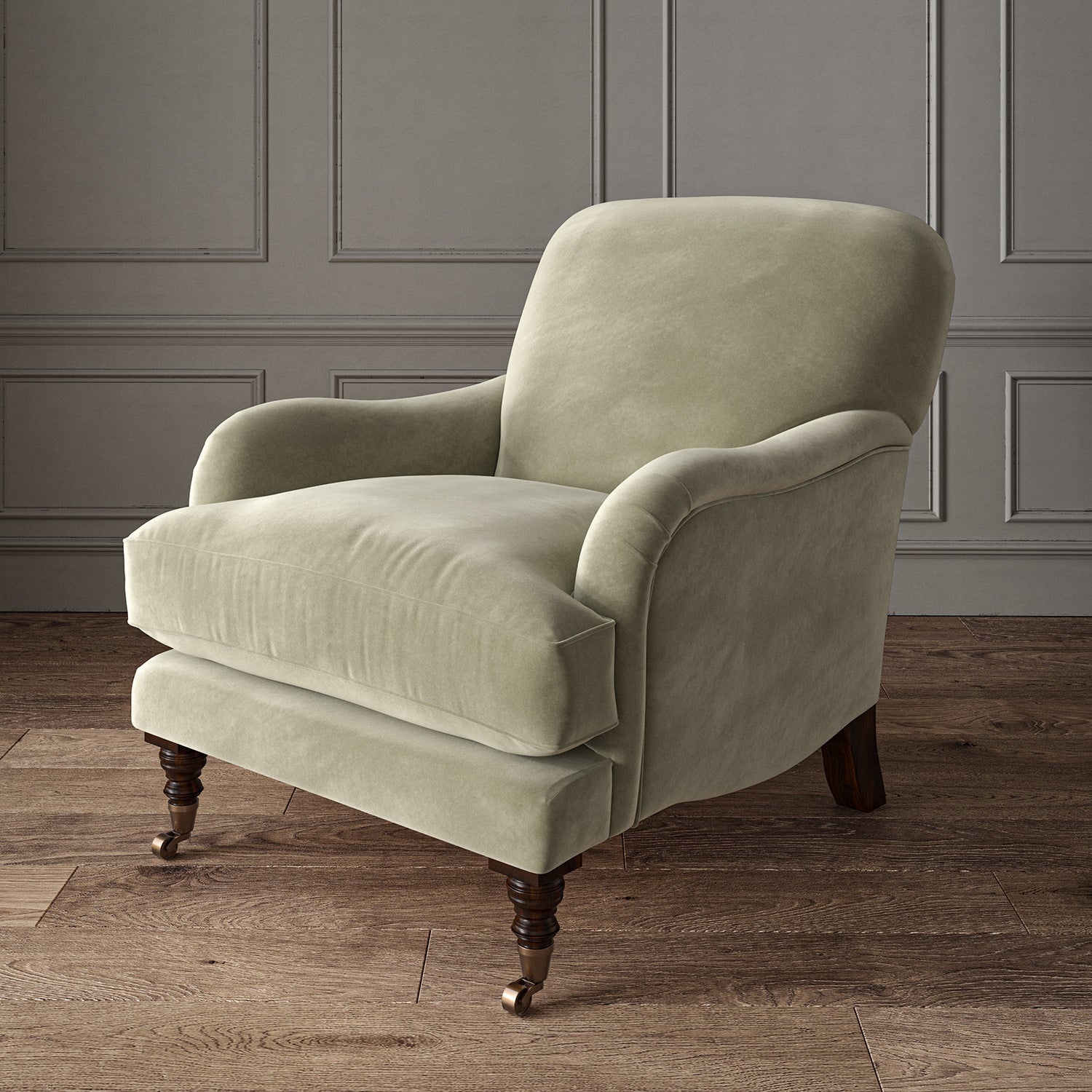 Grey eco velvet upholstery fabric on an armchair