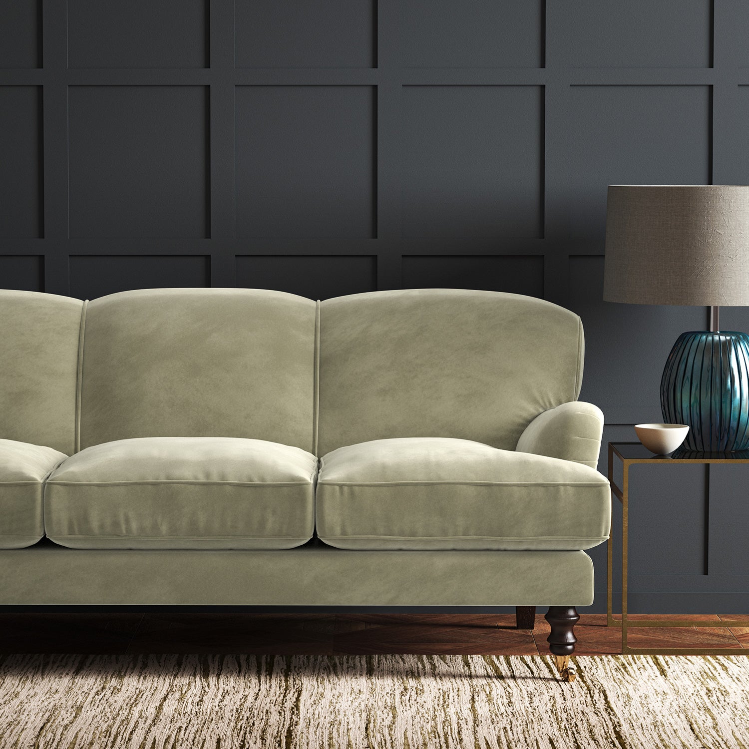 Grey eco velvet upholstery fabric on a sofa