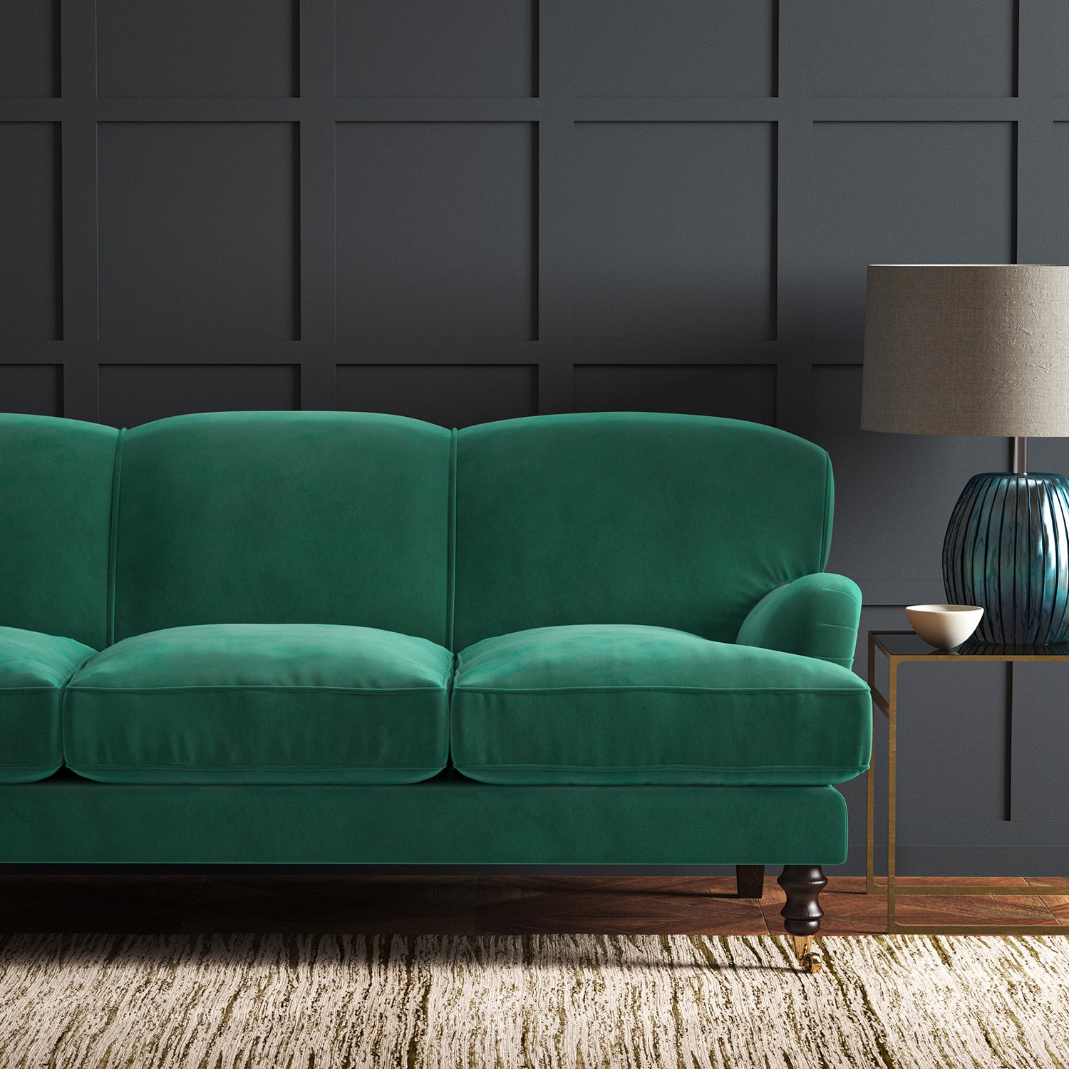 Blue eco velvet upholstery fabric on a sofa