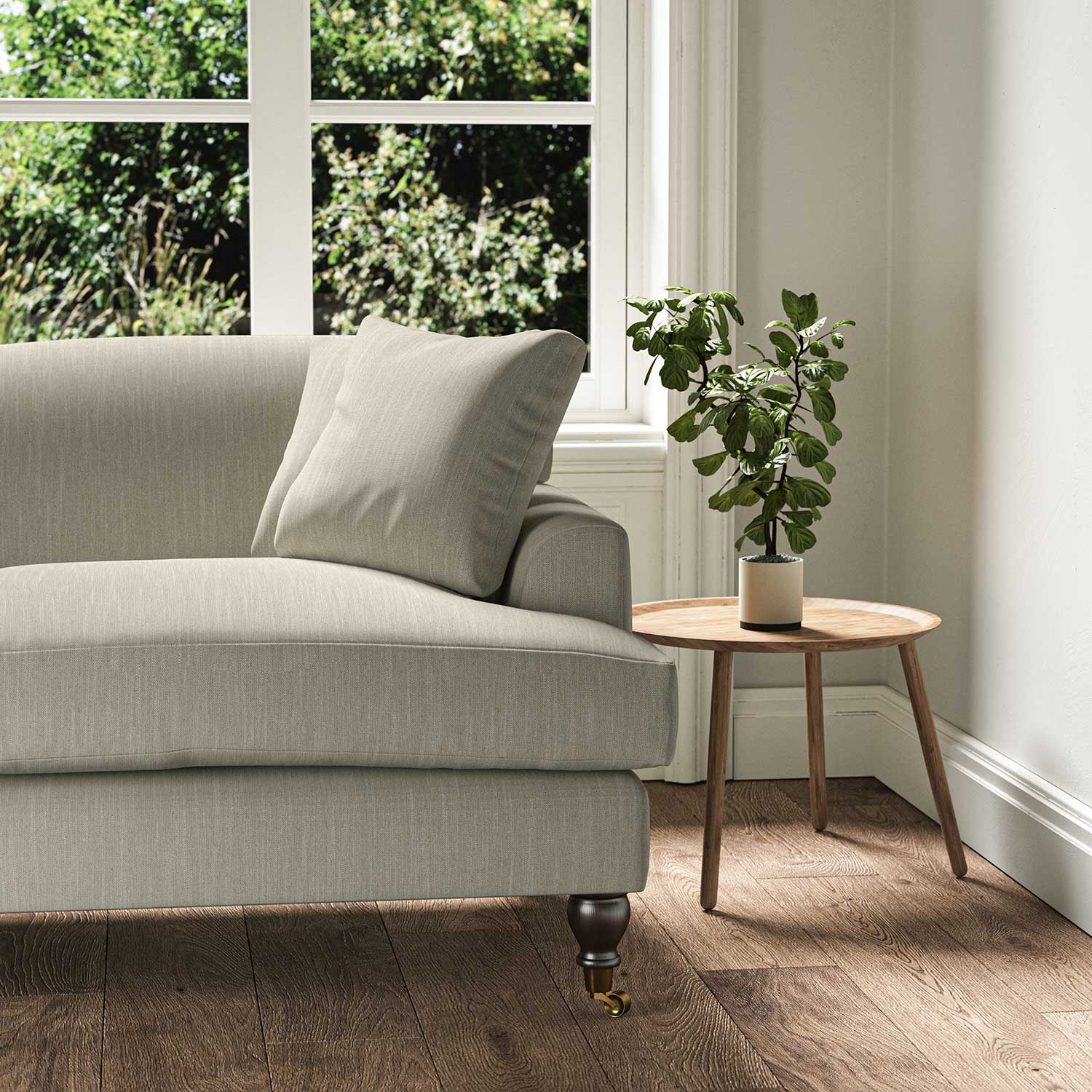 A grey stain resistant woven fabric on an armchair.