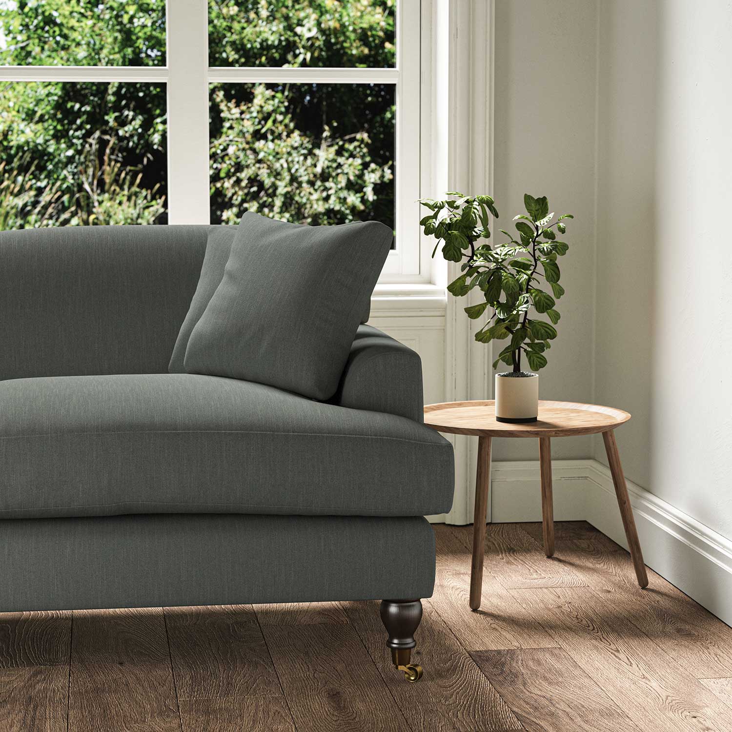 A grey stain resistant woven fabric on an armchair.