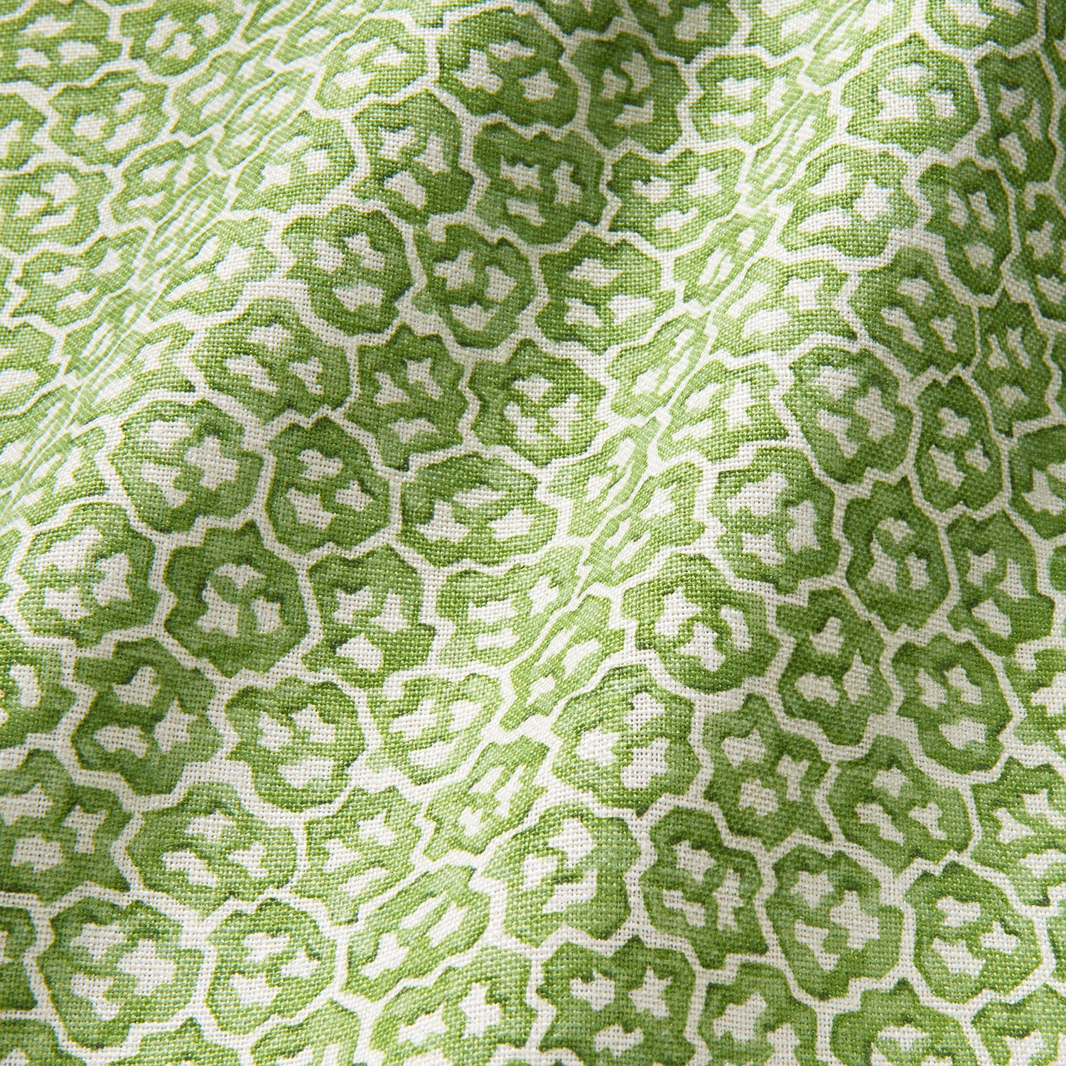 Printed linen fabric sample – a handy block print pattern in green and cream