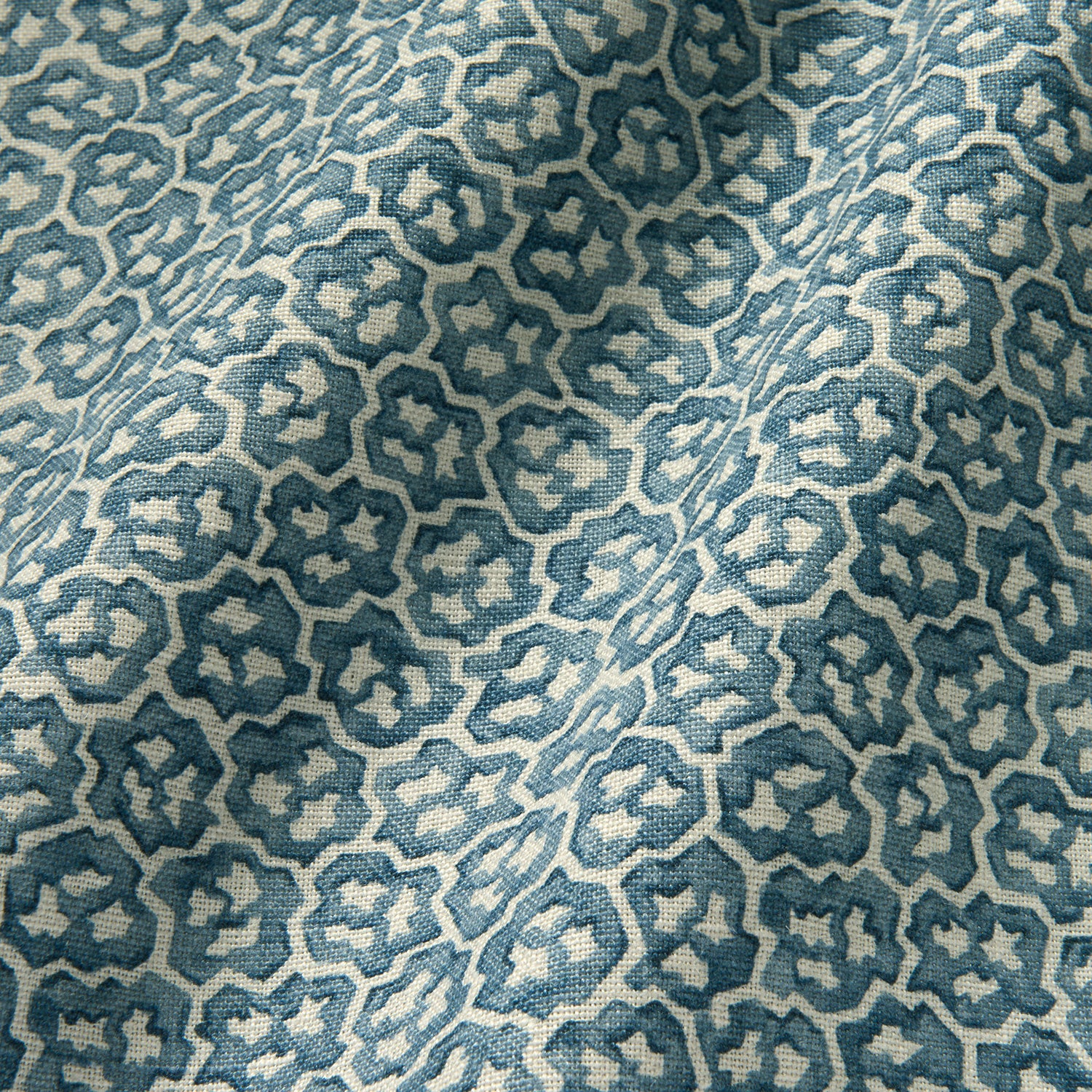 Printed linen fabric sample – a handy block print pattern in blue and cream 