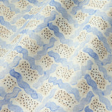 Printed linen fabric - a contemporary lattice design in blue, cream and white 