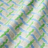 Printed linen fabric - a contemporary lattice design in green, blue, cream and white 