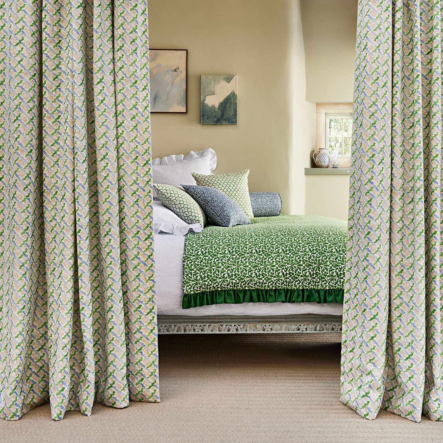 Linen curtains with a contemporary lattice design in green, blue, cream and white