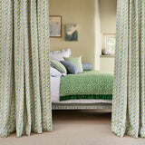 Linen curtains with a contemporary lattice design in green, blue, cream and white