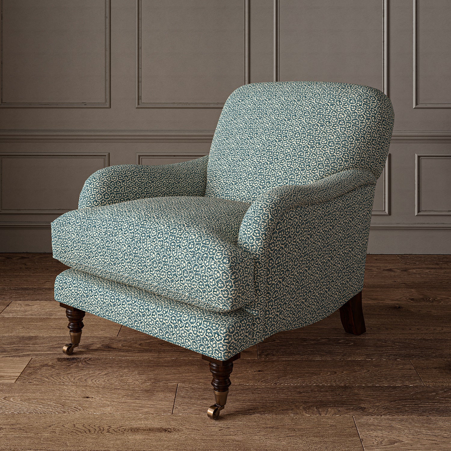 Printed linen fabric – a handy block print pattern in blue and cream – on an armchair