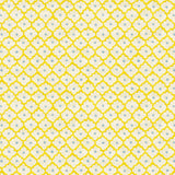 Printed linen fabric sample - a classic trellis design in blue, yellow, and cream