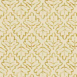 Printed linen fabric sample – a hand drawn; mirrored leaf motif pattern in yellow and cream
