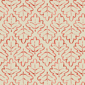 Printed linen fabric sample – a hand drawn; mirrored leaf motif pattern in red and cream