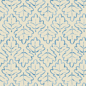 Printed linen fabric sample – a hand drawn; mirrored leaf motif pattern in blue and cream