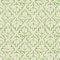 Printed linen fabric sample – a hand drawn; mirrored leaf motif pattern in green and cream