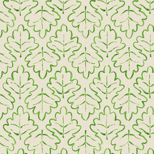 Printed linen fabric sample – a hand drawn; mirrored leaf motif pattern in green and cream