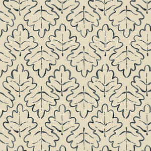 Printed linen fabric sample – a hand drawn; mirrored leaf motif pattern in blue and cream