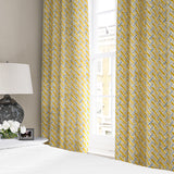 Linen curtains with a contemporary lattice design in yellow, blue, cream and white 