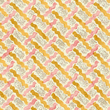Printed linen fabric - a contemporary lattice design in yellow, pink, cream and white 