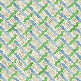 Printed linen fabric - a contemporary lattice design in green, blue, cream and white 