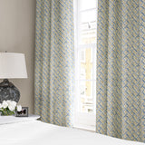 Linen curtains with a contemporary lattice design in blue, cream and white 