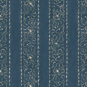 Printed linen fabric sample – a delicate pattern of moons and star-like dots in blue and cream