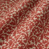 Printed linen fabric sample – damask-style pattern in red and cream