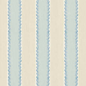 Printed linen fabric sample – a bold blocks of colour in this inviting stripe are softened with a painterly finish in blue, cream and white