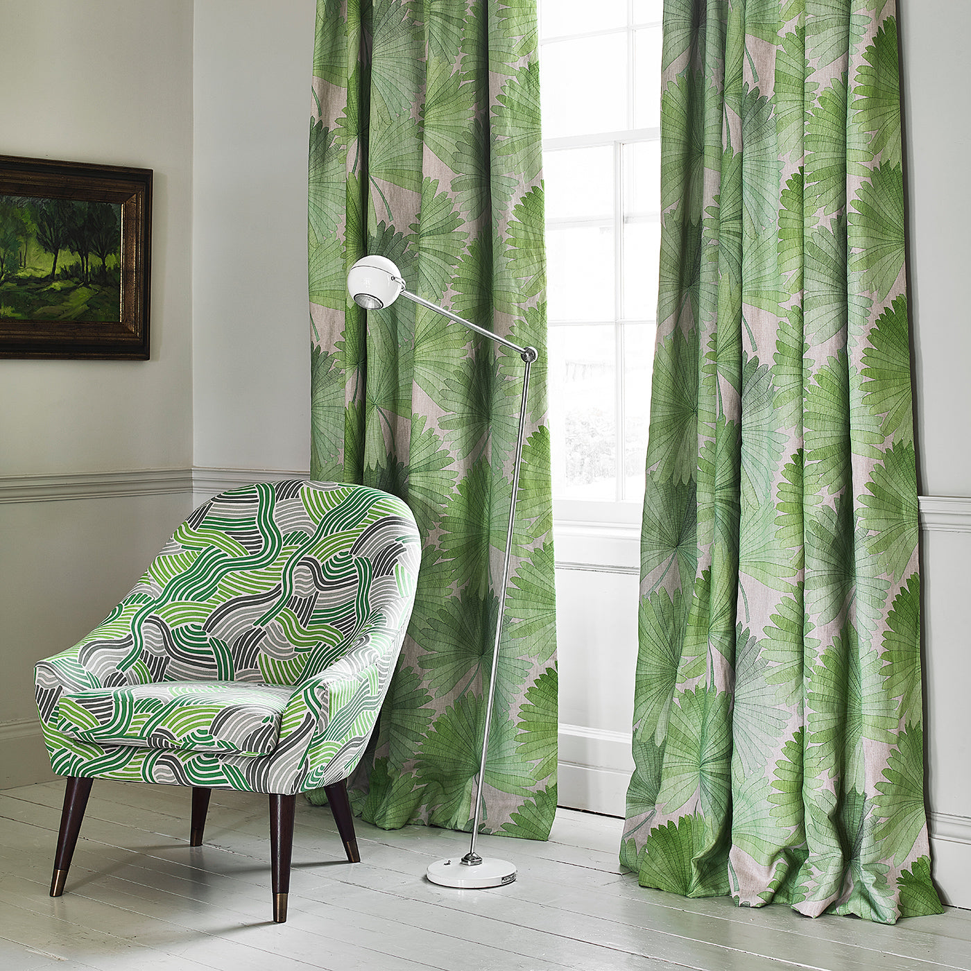 Linen curtains with a green palm design