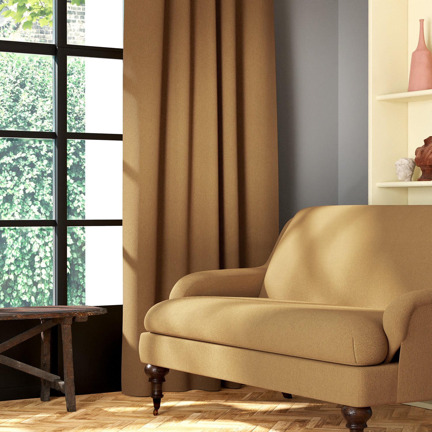 Living room featuring a sofa and curtains in a plain yellow eco-friendly fabric