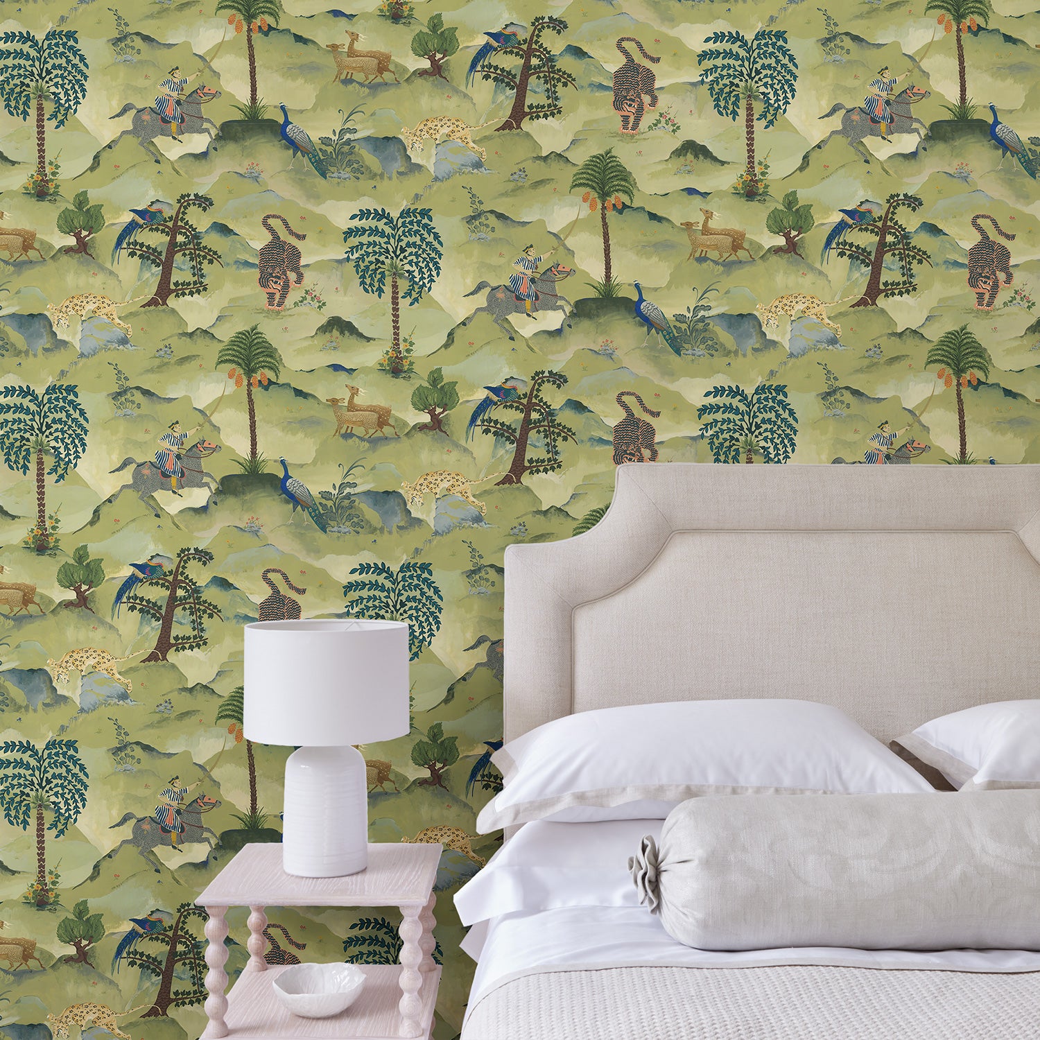 Bedroom with a tropical wallpaper featuring a mystical scenic landscape.
