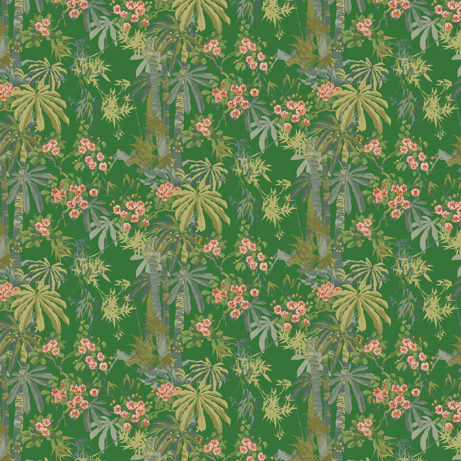 Sample of a tropical wallpaper in emerald green with exotic, floral blossoms intertwined with bamboo.