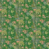 Sample of a tropical wallpaper in emerald green with exotic, floral blossoms intertwined with bamboo.