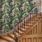 Hallway showcasing a tropical wallpaper featuring parakeets and pretty blossom. 