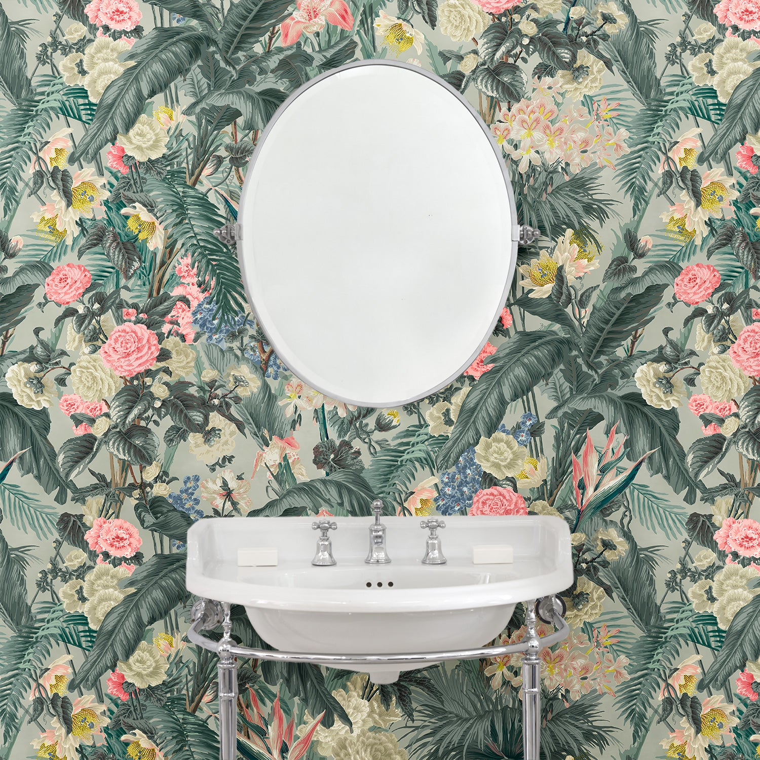 Bathroom with tropical wallpaper featuring a lush design.