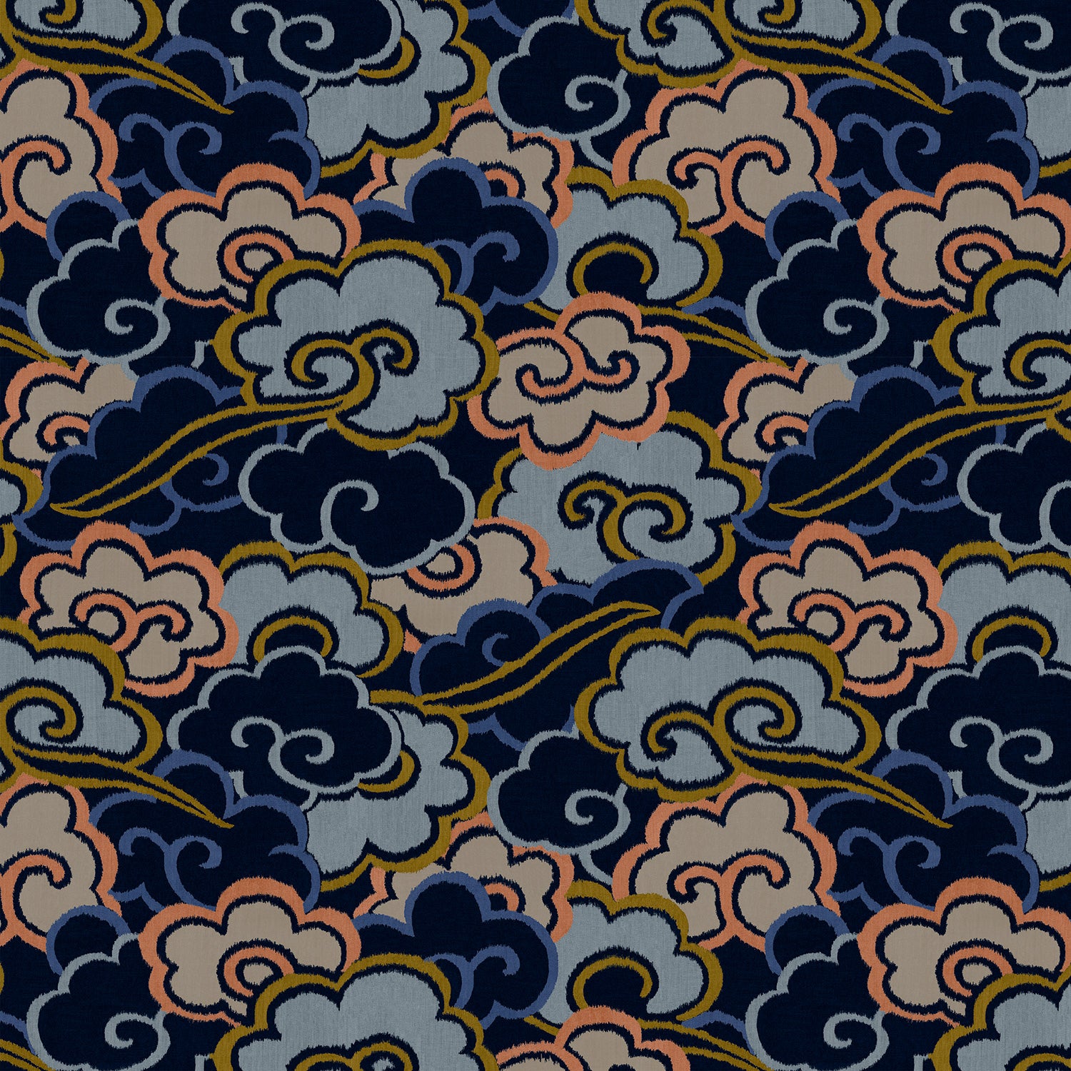 Inspired by a Japanese kimono, this designer wallpaper features an enchanting pattern of large abstract clouds.