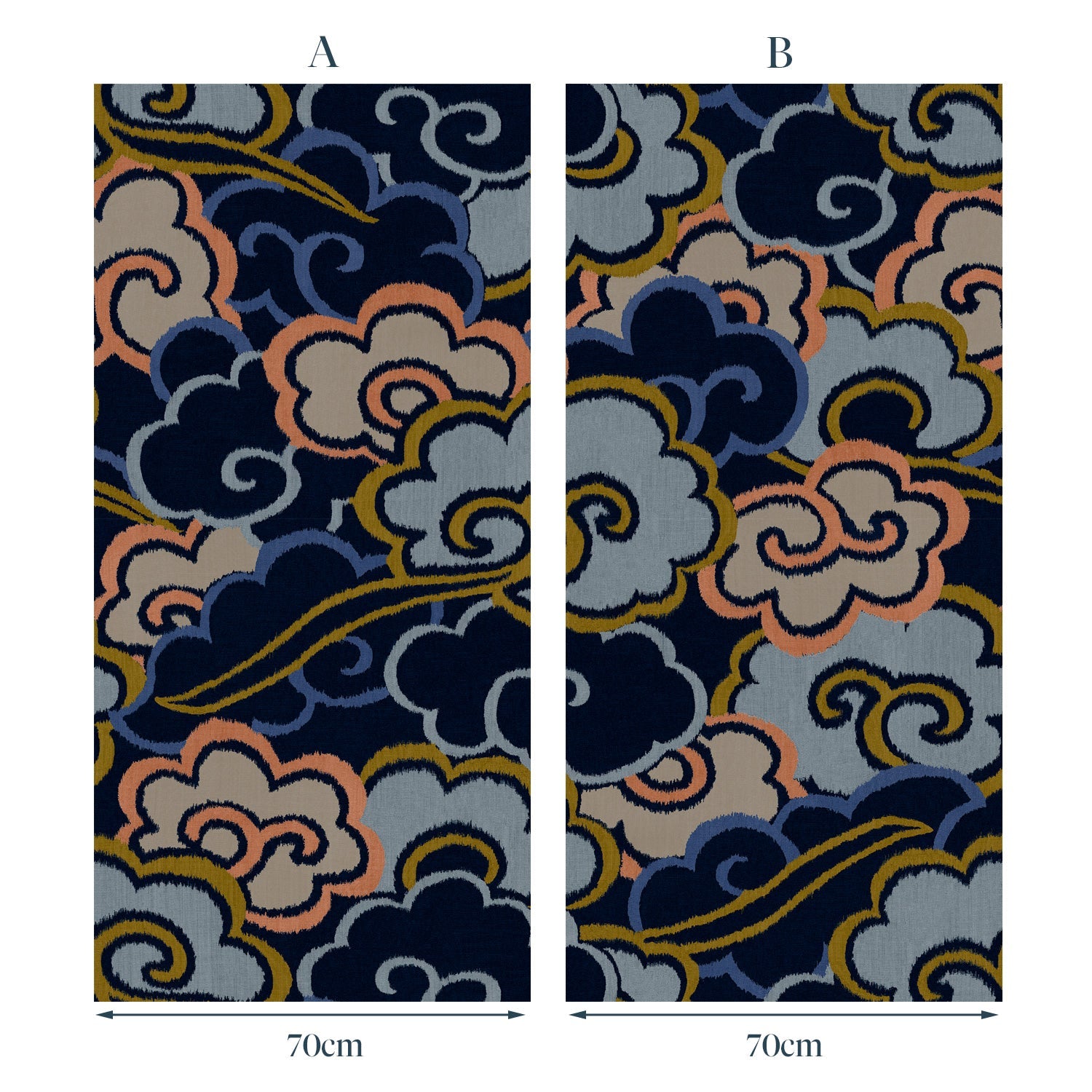 Inspired by a Japanese kimono, this designer wallpaper features an enchanting pattern of large abstract clouds. 