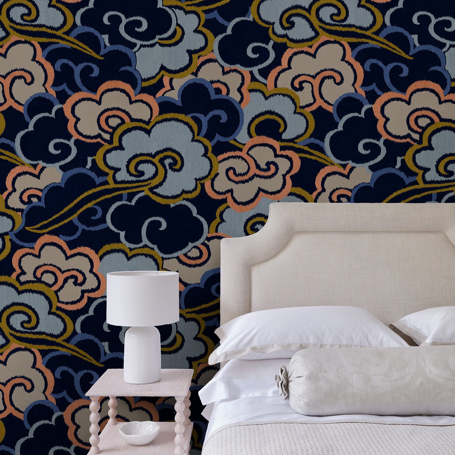 Inspired by a Japanese kimono, this designer wallpaper features an enchanting pattern of large abstract clouds. 