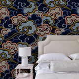 Inspired by a Japanese kimono, this designer wallpaper features an enchanting pattern of large abstract clouds. 