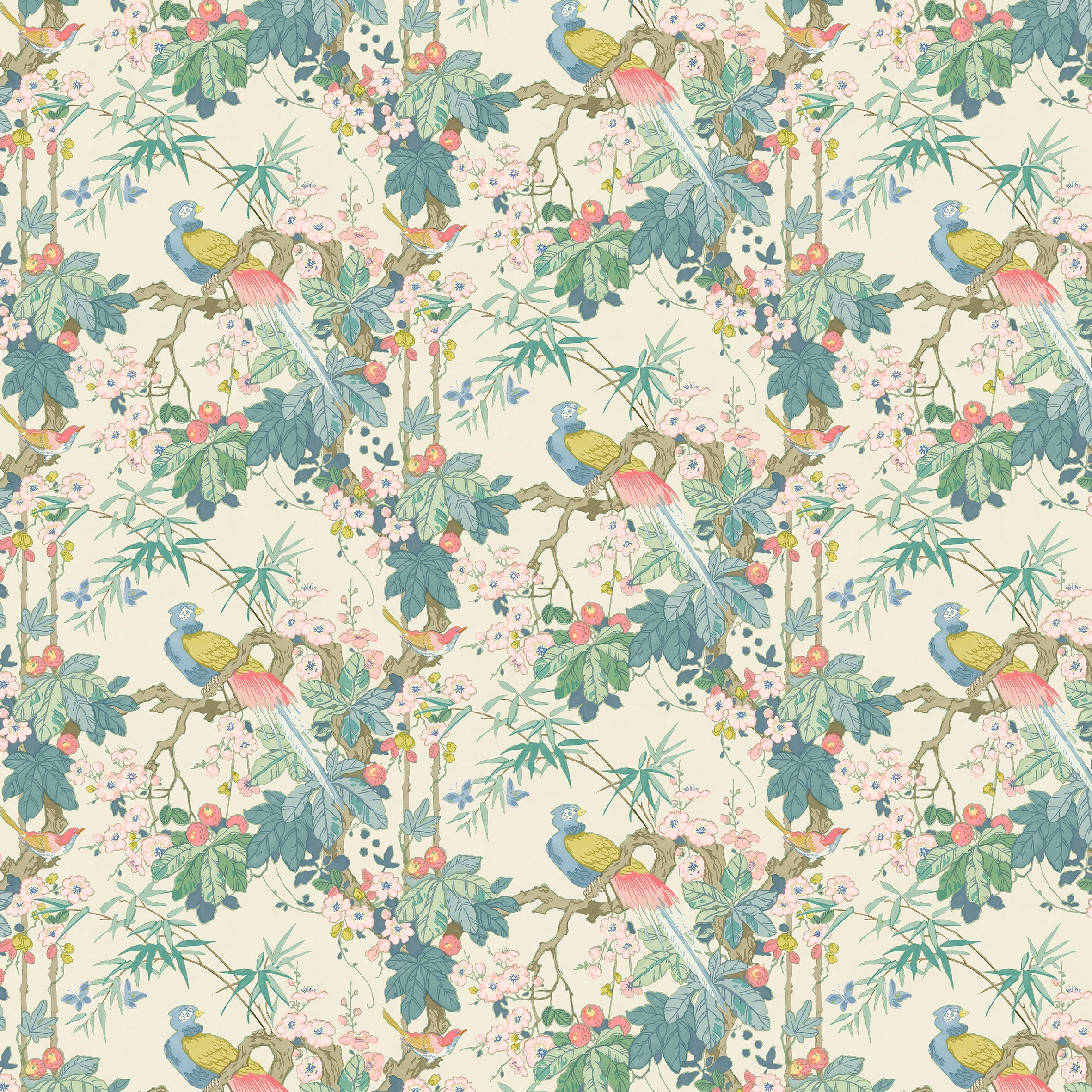 Sample of a floral wallpaper featuring exotic birds.