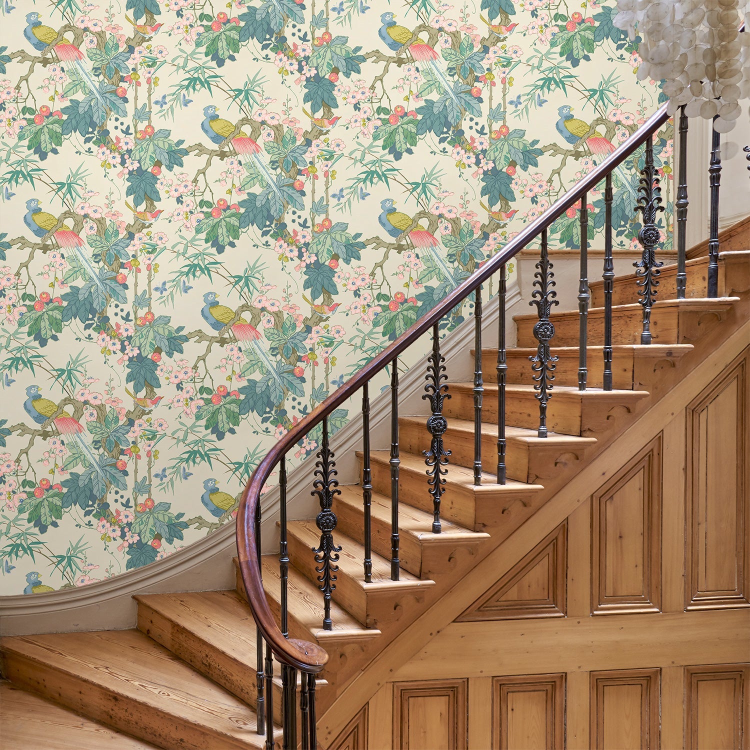 Hallway featuring a floral wallpaper with exotic birds.