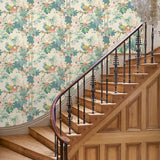 Hallway featuring a floral wallpaper with exotic birds.