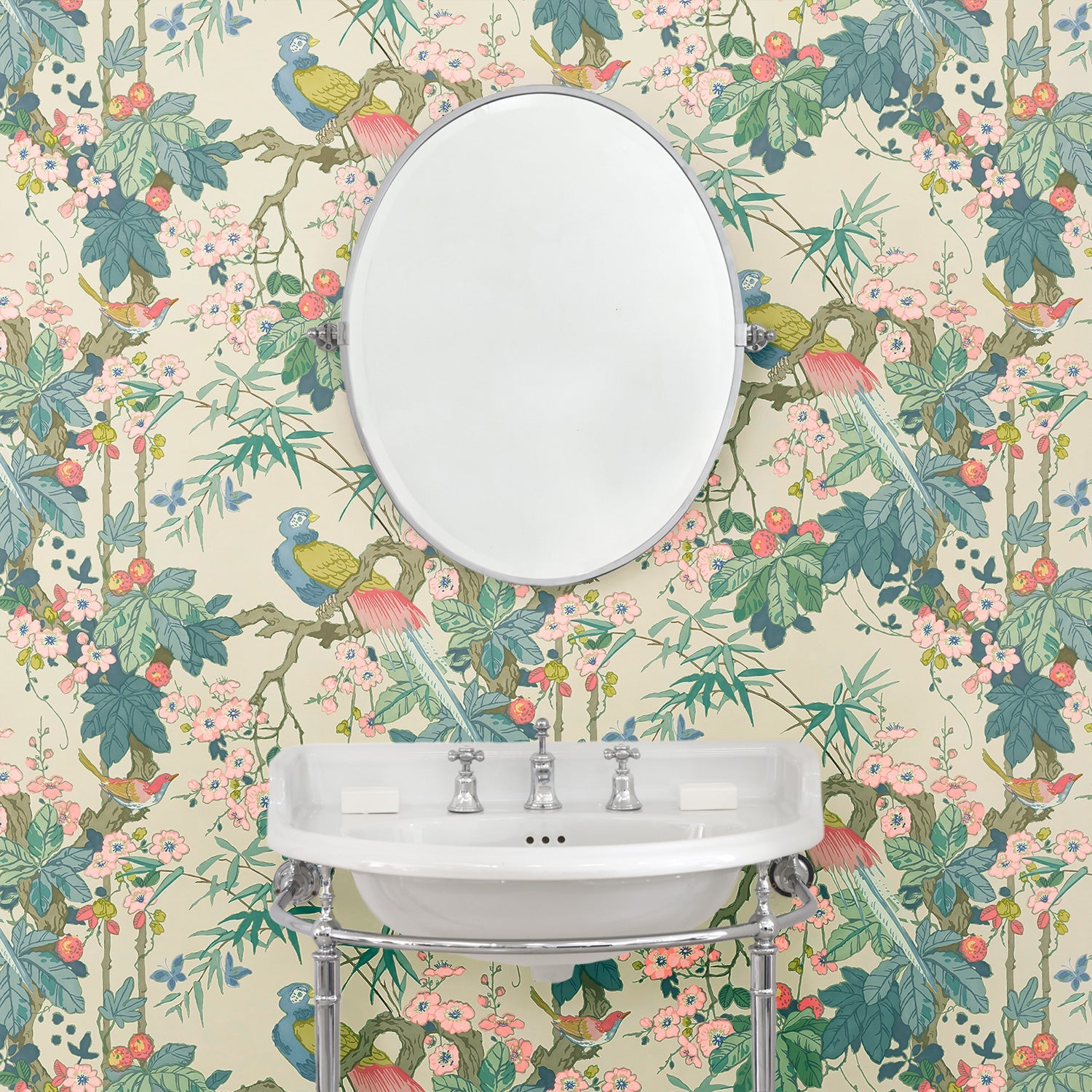 Bathroom featuring a floral wallpaper with exotic birds.