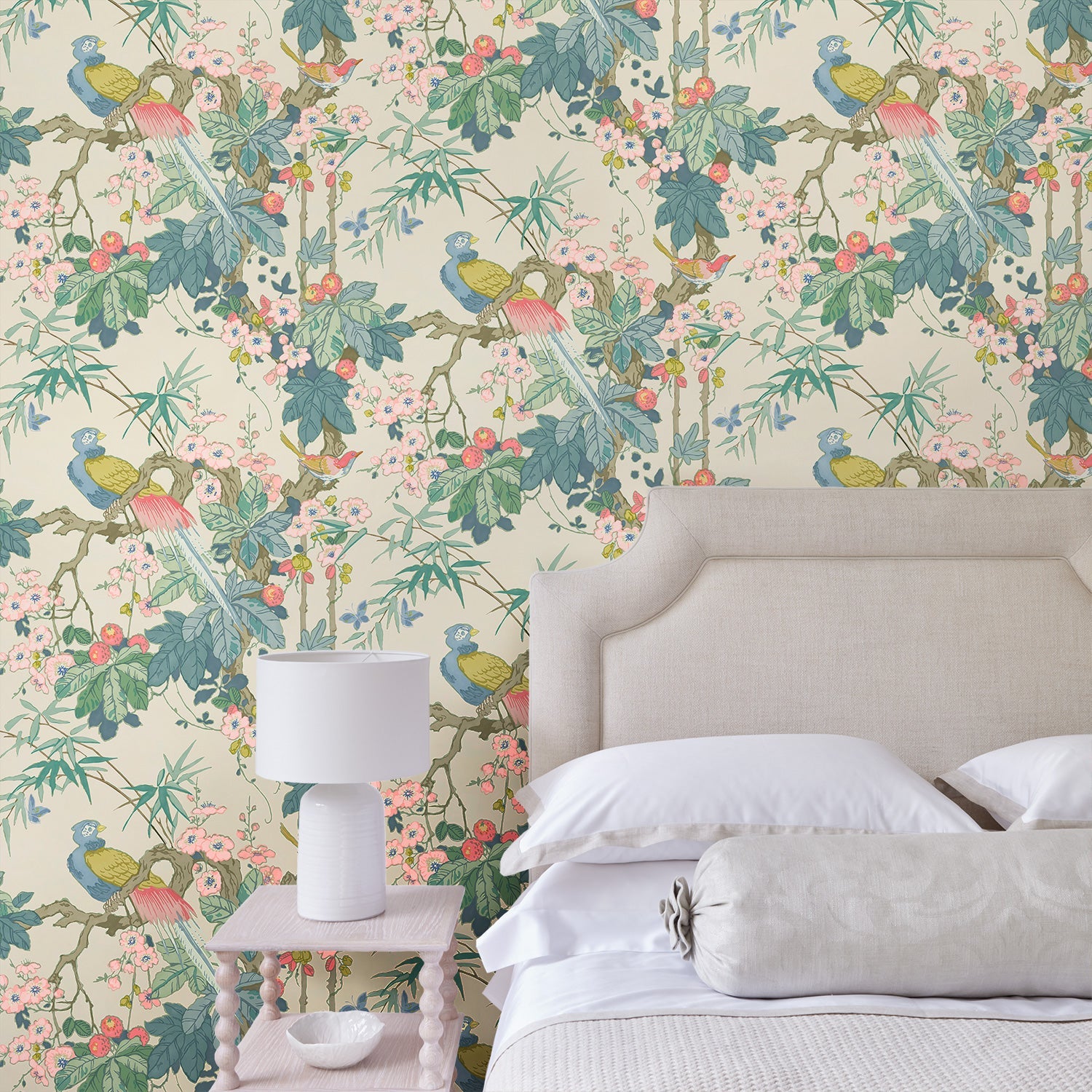 Bedroom featuring a floral wallpaper with exotic birds.